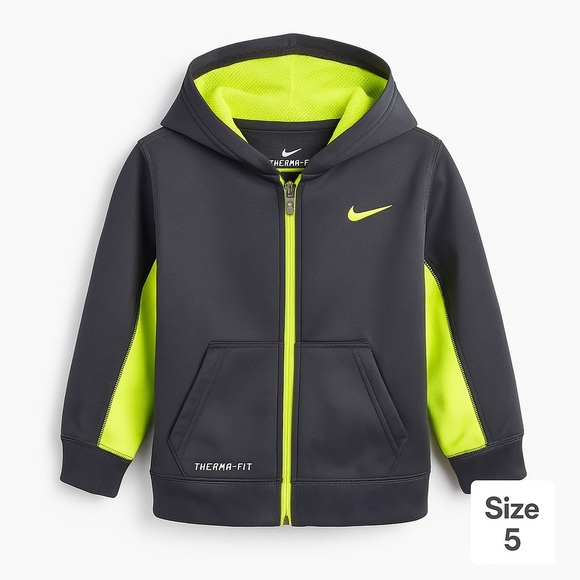Nike Kids Therma-FIT Full Zip Hoodie – Gray & Neon Yellow (Size 5) - Picture 2 of 8